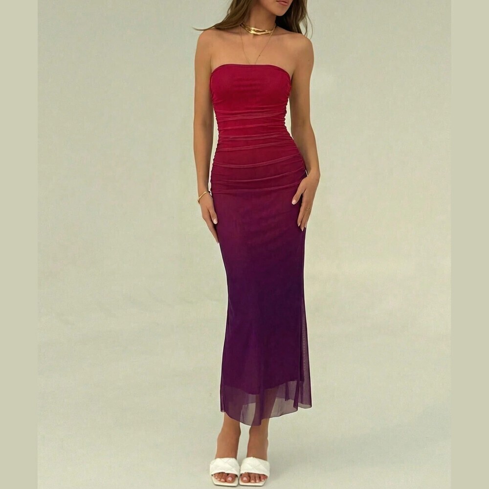 Ombre Red to Purple Mesh Strapless Ruched Maxi Dress